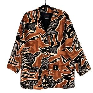 Ashro African Afrocentric Print Jacket Carved Mask Button Cotton Lined Artwear M